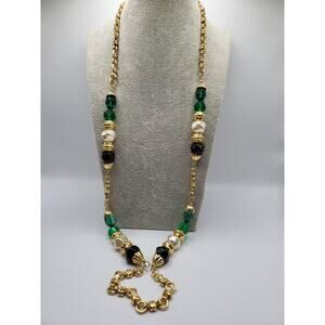 Vintage Korea Bead Necklace Faux Pearl Green Crystal Gold Tone